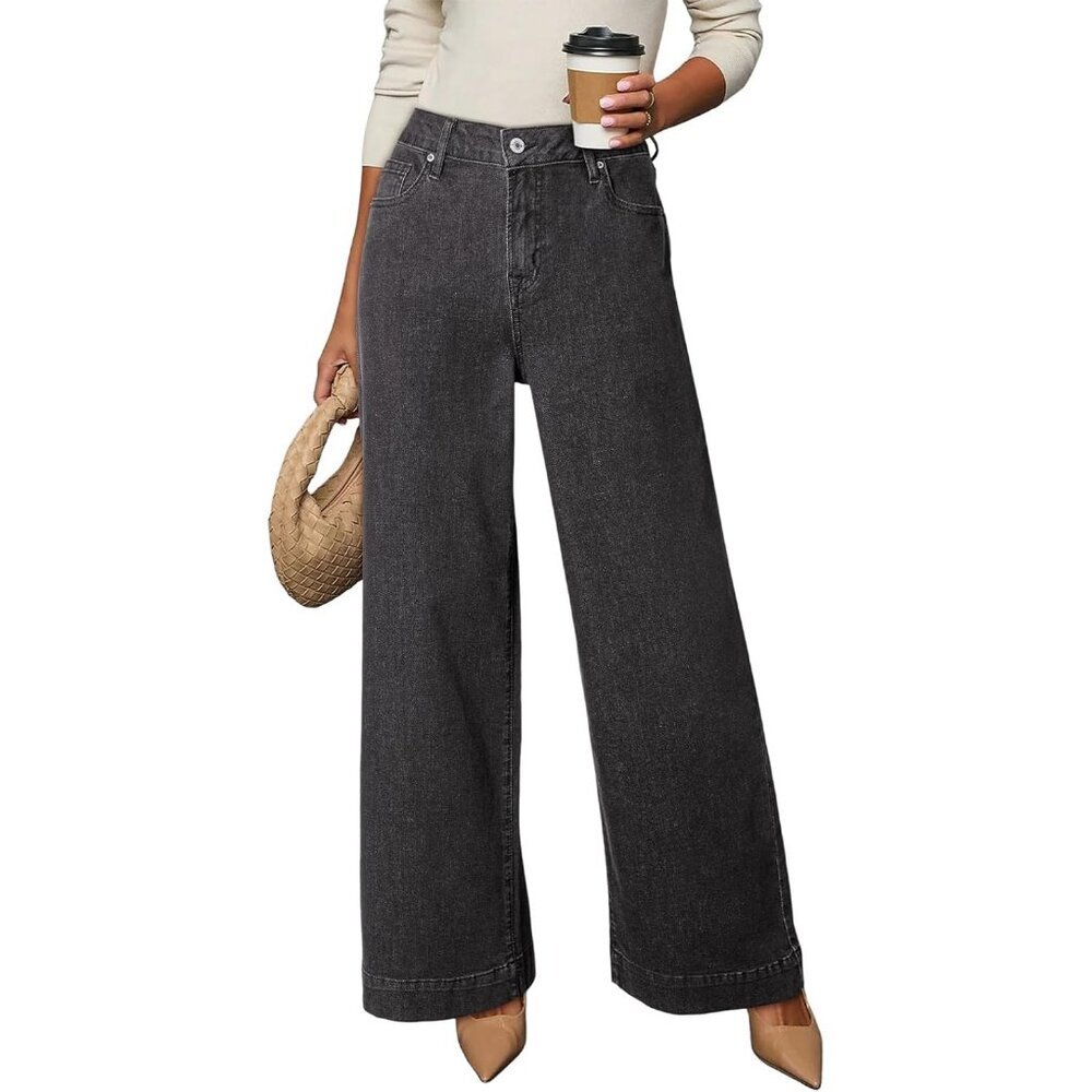 Women's Dark Grey Waisted Wide Leg Denim Jeans Stretchy Loose Pants with Pockets